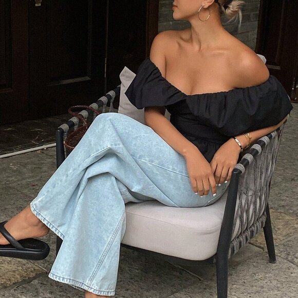 Black Casual Women's Bandeau Off Shoulder Elegant Short Shirt Top - Picture 5 of 7